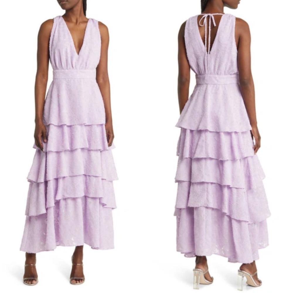 NEW CHELSEA28 Lilac Purple BLOOM Floral Jacquard RUFFLE TIERED Maxi DRESS S